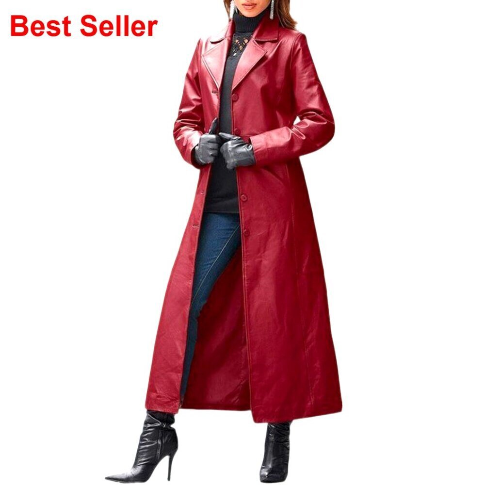Faux Leather Trench Coat Lapel Button Down Maxi Jacket Overcoat